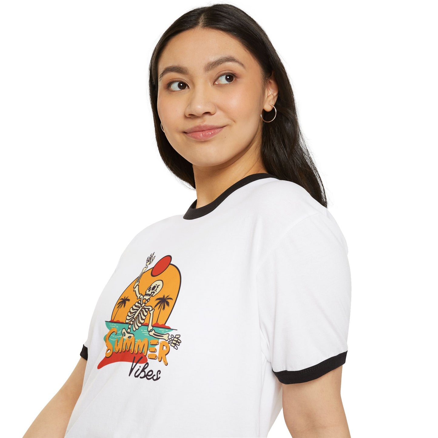 Retro Summer Ringer T-Shirt, Vintage Beach Tee, Skeleton Graphic Shirt, Unisex Casual Wear, Perfect for Summer Vibes