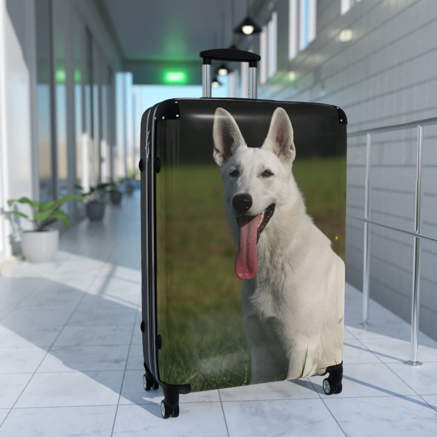 Dog Lover Suitcase Featuring a Giant White German Shepherd Sloppily Sitting on Grass Leaving Tongue Out