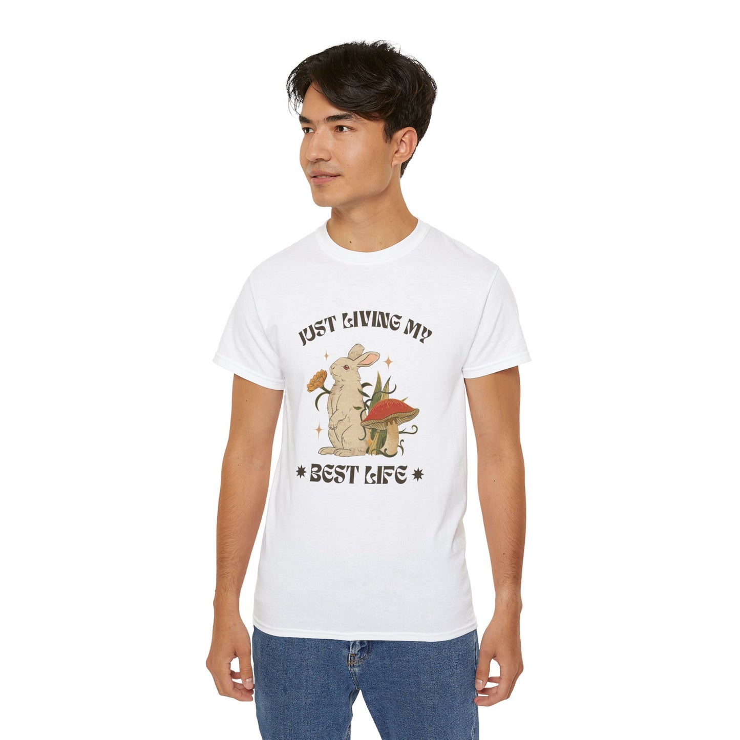 Unisex Ultra Cotton Tee - Just Living My Best Life Bunny Design, Cute Rabbit Shirt, Gift for Animal Lovers, Spring Fashion