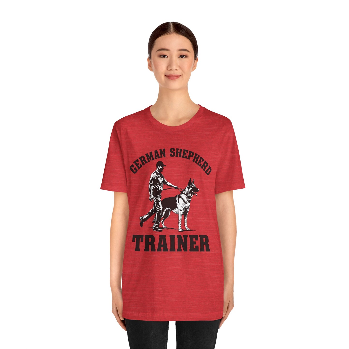 German Shepherd Trainer Tee - Black and White Design of Man Holding a German Shepherd