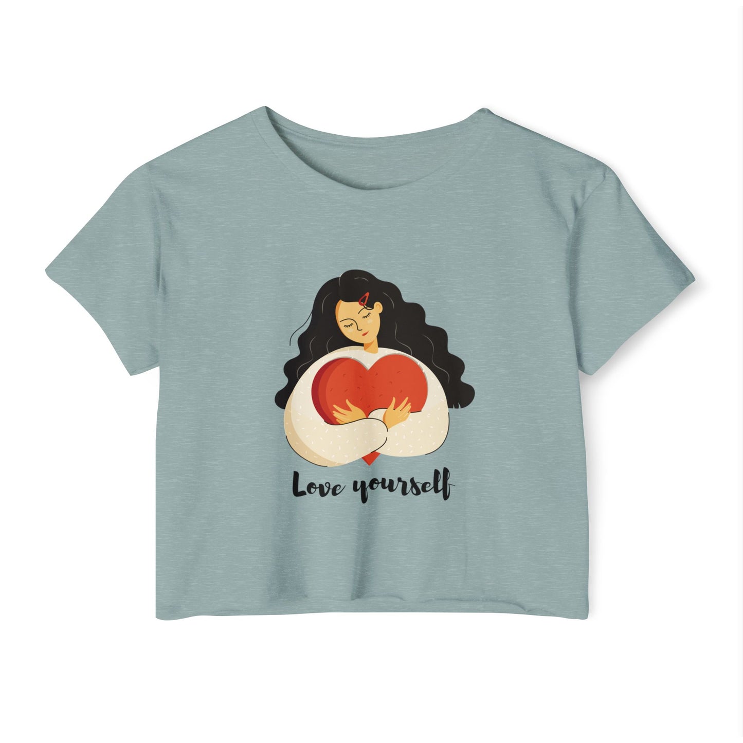 Love Yourself Festival Vibes Crop Top - Girl Holding a Big Heart, Summer Fashion, Boho Style, Women’s Casual Wear, Gift for Her