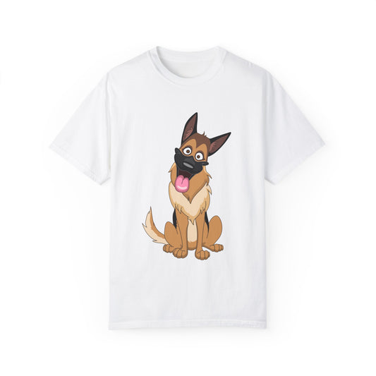 Unisex Dog Lover T-Shirt With Funny Cartoon of Tan Color German Shepherd