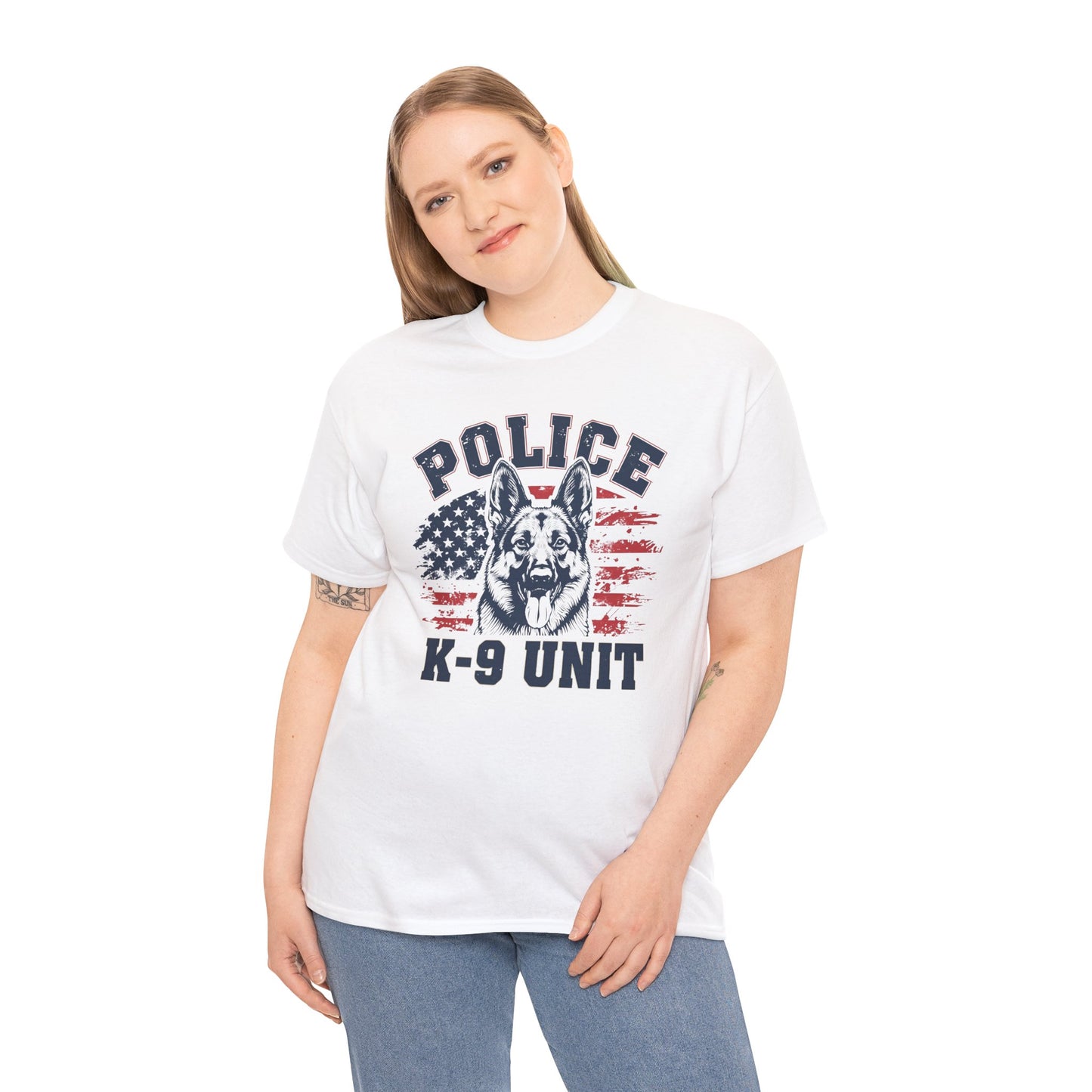 Patriotic Police K-9 Unit T-Shirt With American Flag in Background, Unisex Heavy Cotton Tee