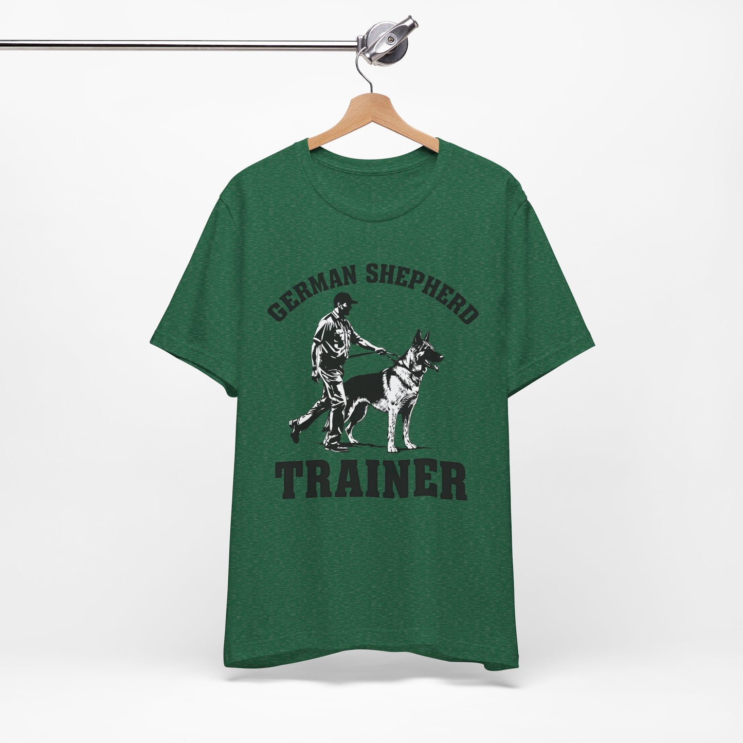 German Shepherd Trainer Tee - Black and White Design of Man Holding a German Shepherd