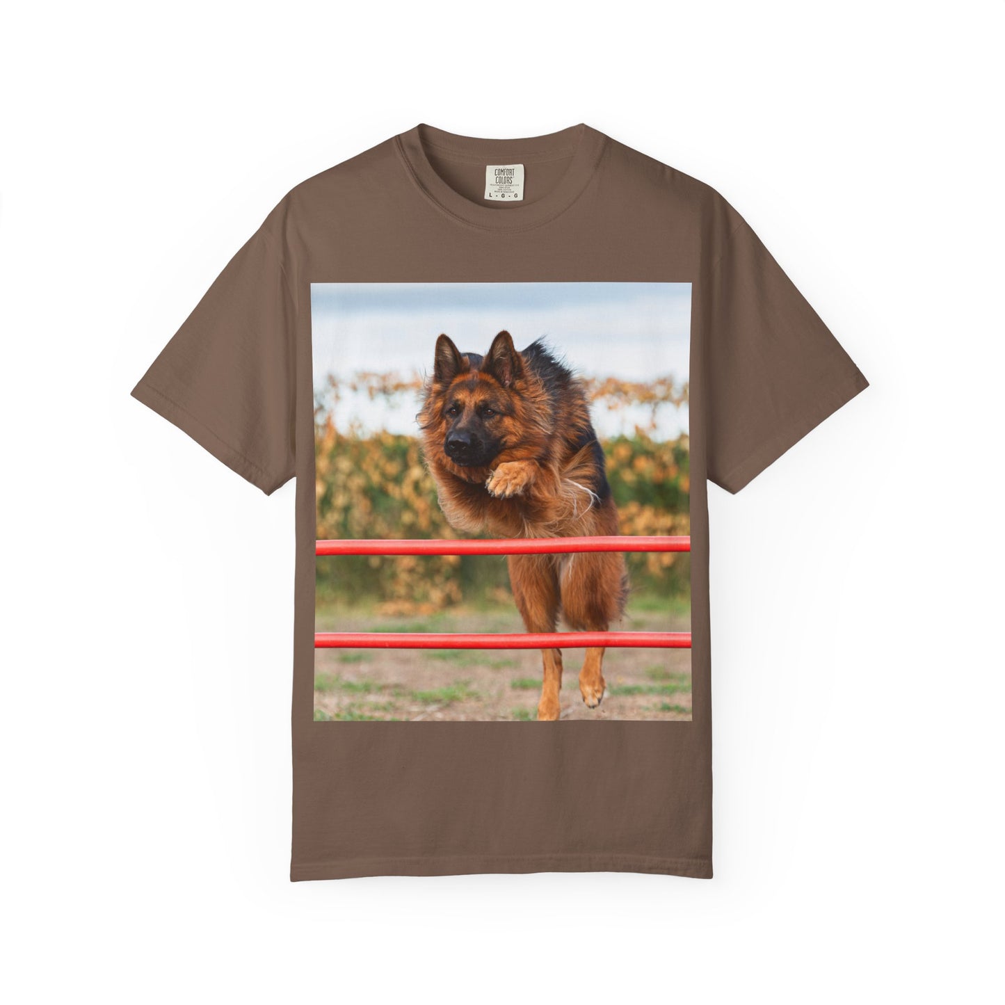 Dog Lover Unisex T-Shirt  Featuring Photograph of Showline German Shepherd Jumping Agility Fence