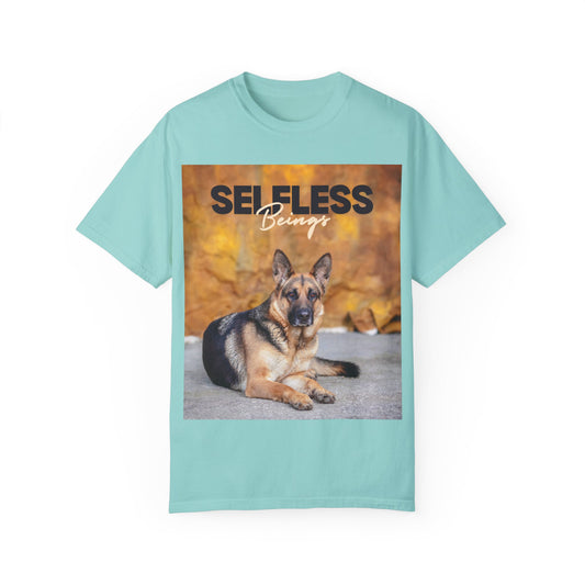 Unisex Dog Lover T-Shirt With Showline German Shepherd Posing for Camera, Autumn Background and Caption Selfless Beings