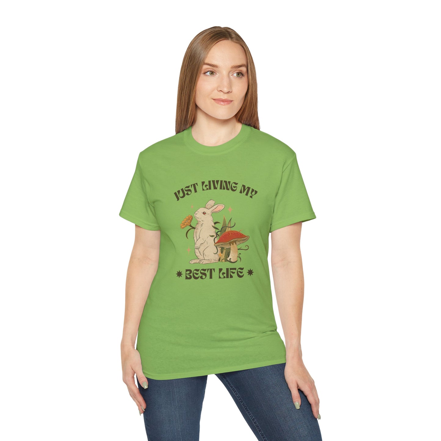 Unisex Ultra Cotton Tee - Just Living My Best Life Bunny Design, Cute Rabbit Shirt, Gift for Animal Lovers, Spring Fashion