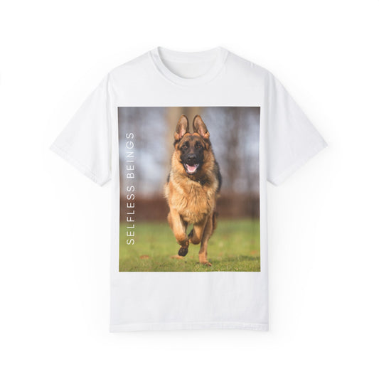 Unisex Dog Lover T-Shirt With Large German Shepherd Running on the Grass and Caption Selfless Beings