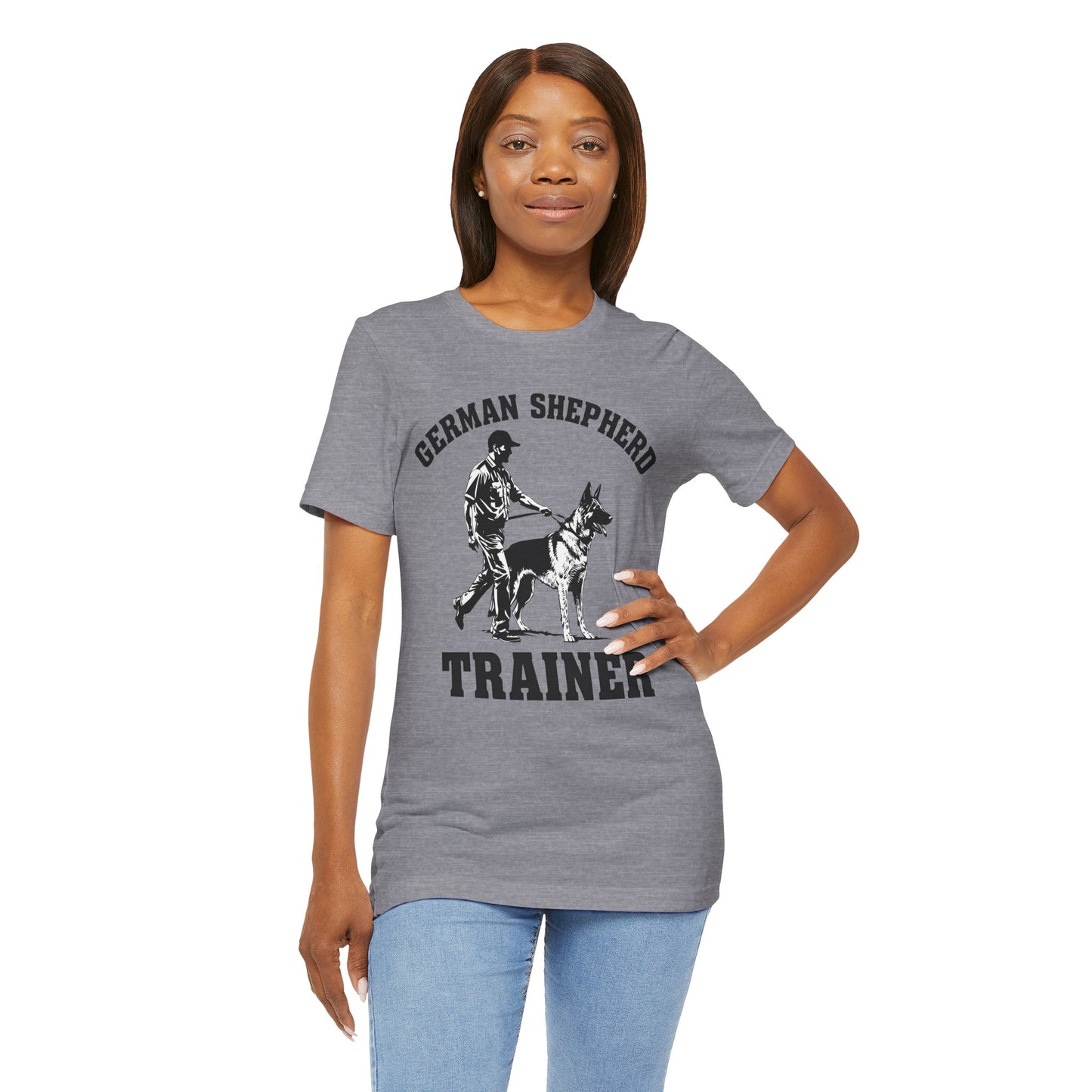 German Shepherd Trainer Tee - Black and White Design of Man Holding a German Shepherd
