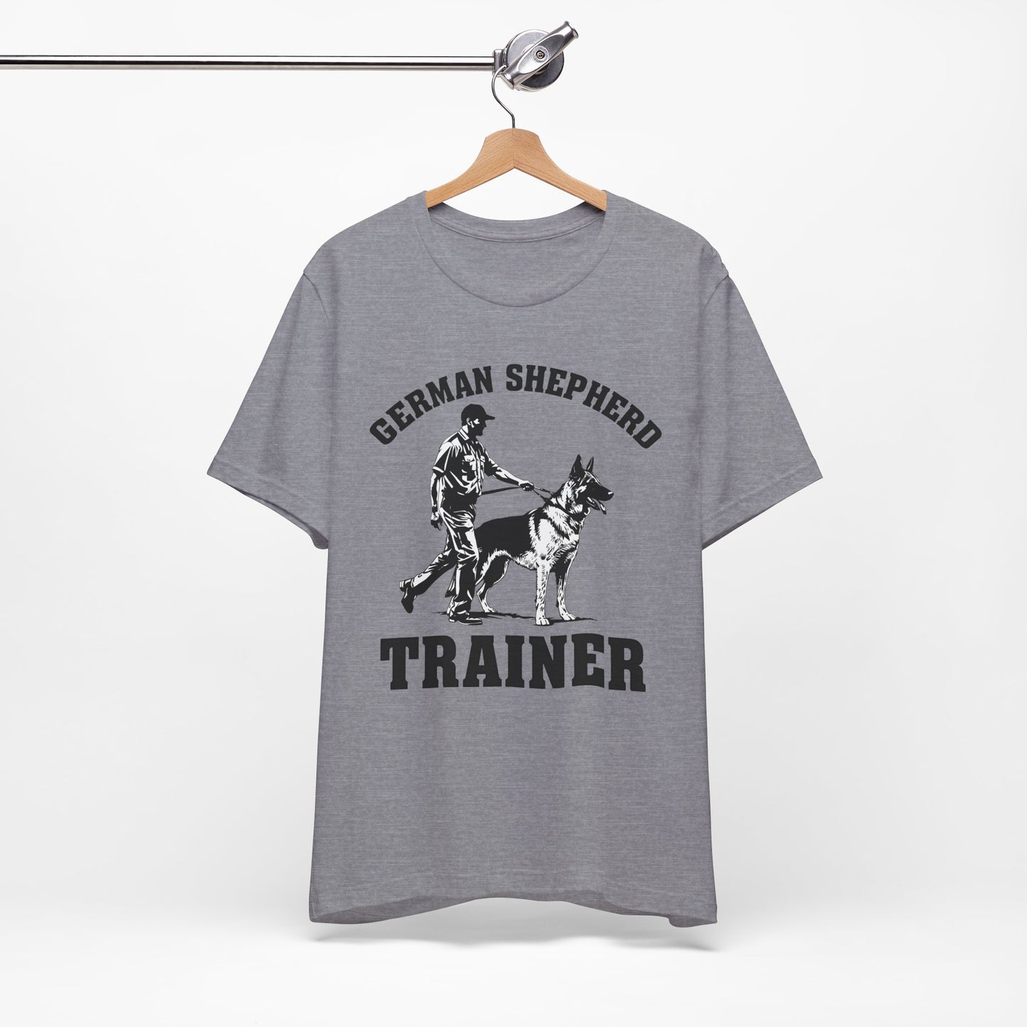 German Shepherd Trainer Tee - Black and White Design of Man Holding a German Shepherd