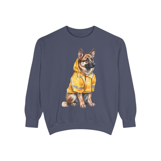 Unisex Dog Lover Sweatshirt With a Graphic of German Shepherd Wearing a Yellow Rain Coat