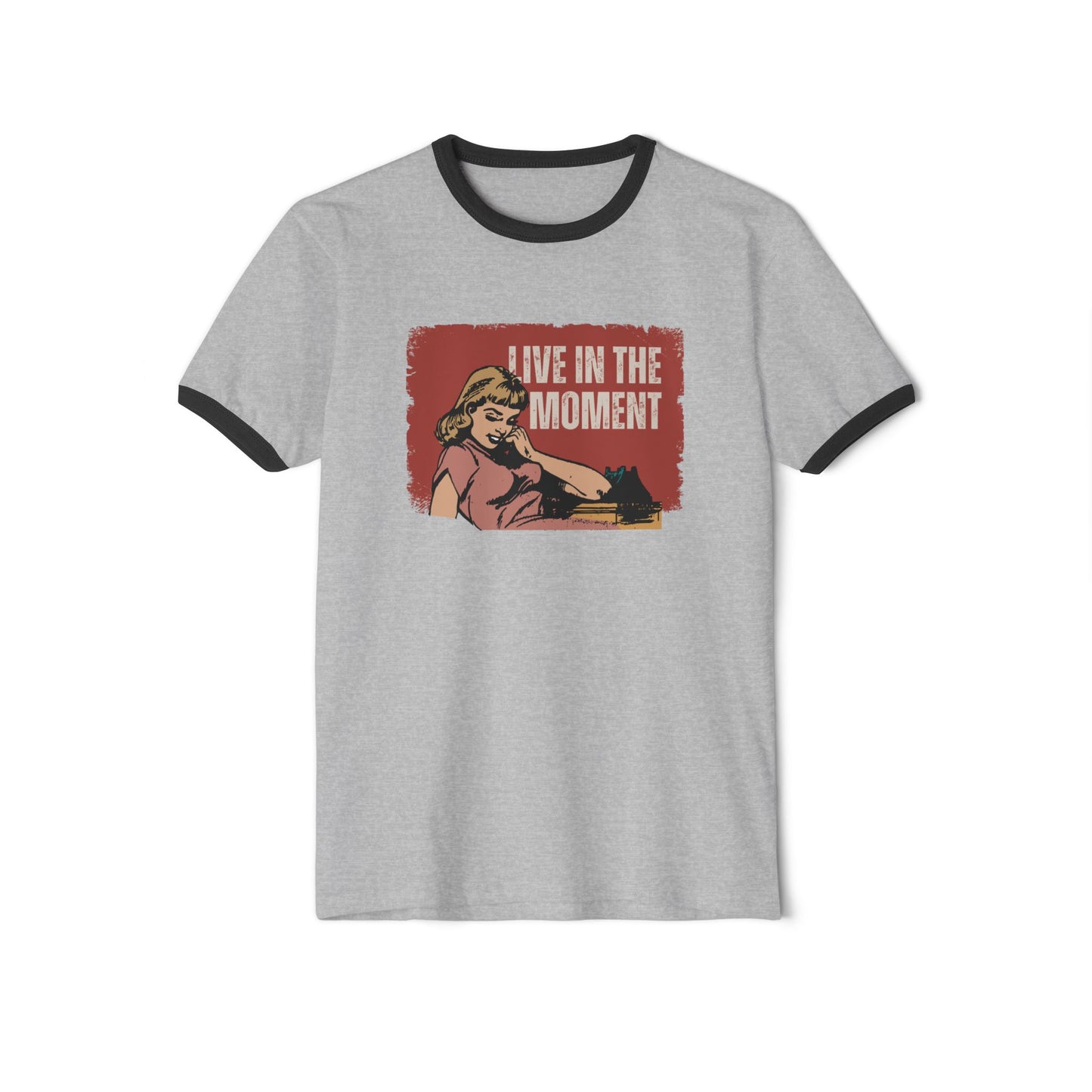 Live in the Moment Unisex Cotton Ringer T-Shirt, Retro Graphic Tee, Casual Wear, Gift for Her, Motivational Trendy Top