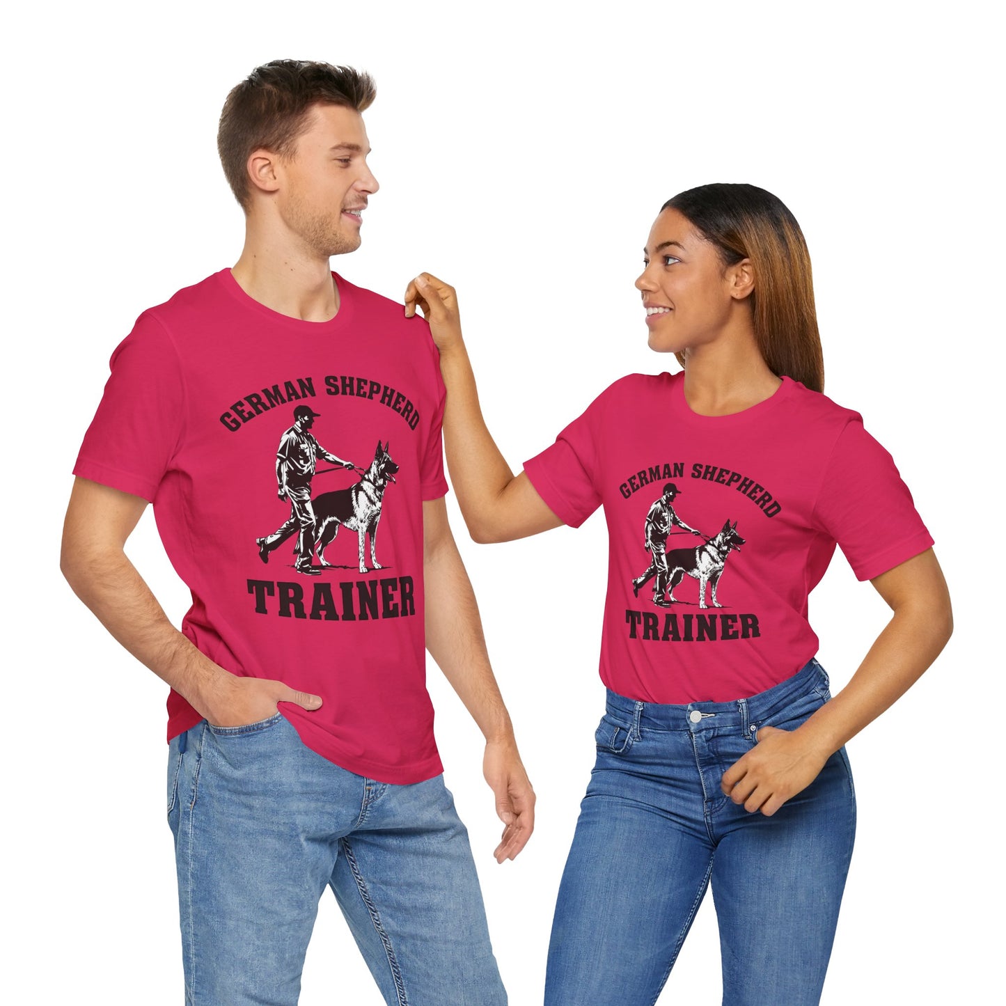 German Shepherd Trainer Tee - Black and White Design of Man Holding a German Shepherd