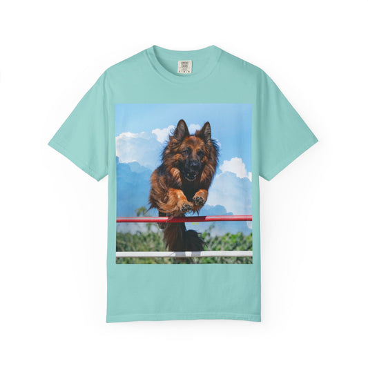 Unisex Dog Lovers T-Shirt Featuring a German Shepherd Jumping An Agility Fence