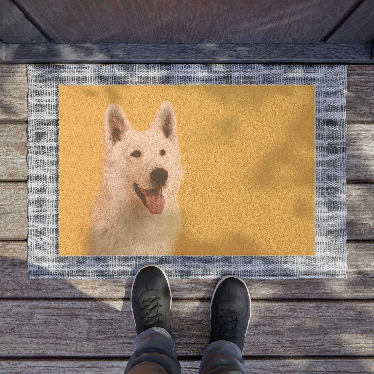 Personalized Dog Face Doormat Featuring a White German Shepherd With a Hanging Tongue