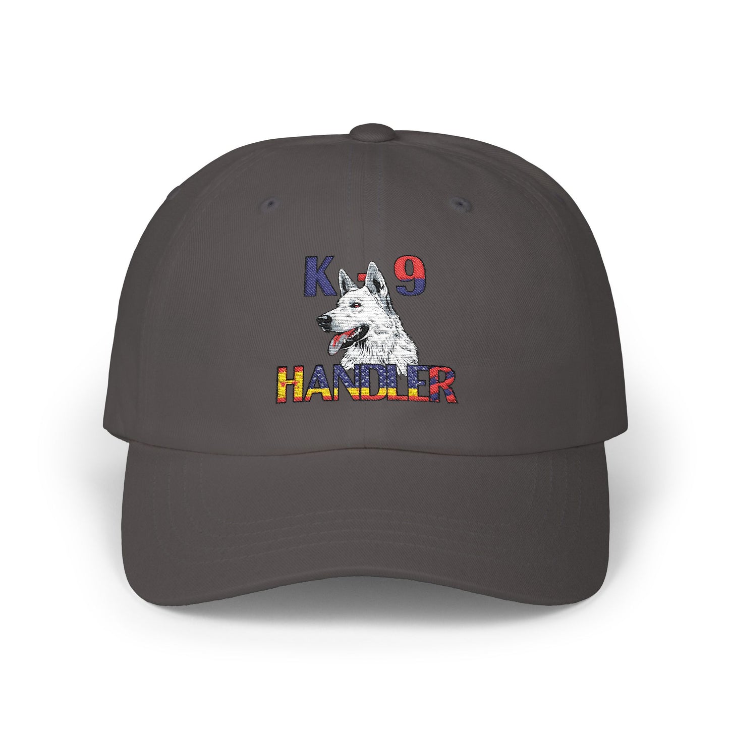 Embroidered Police Themed K9 Handler Classic Dad Cap Featuring a White German Shepherd