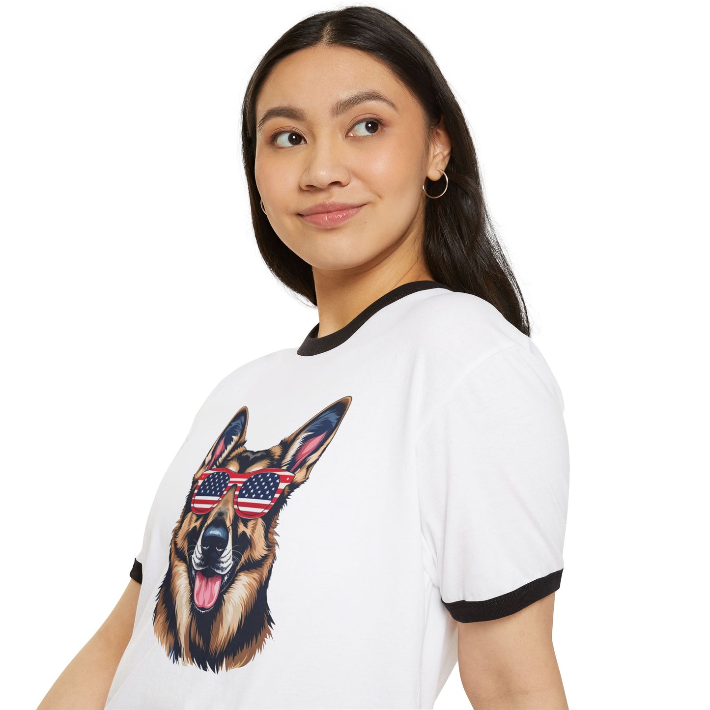 Patriotic Dog Lover German Shepherd Tee - Unisex Cotton Ringer T-Shirt with American Flag Sunglasses, Pet Owner Gift, 4th of July Apparel, Fun Summer