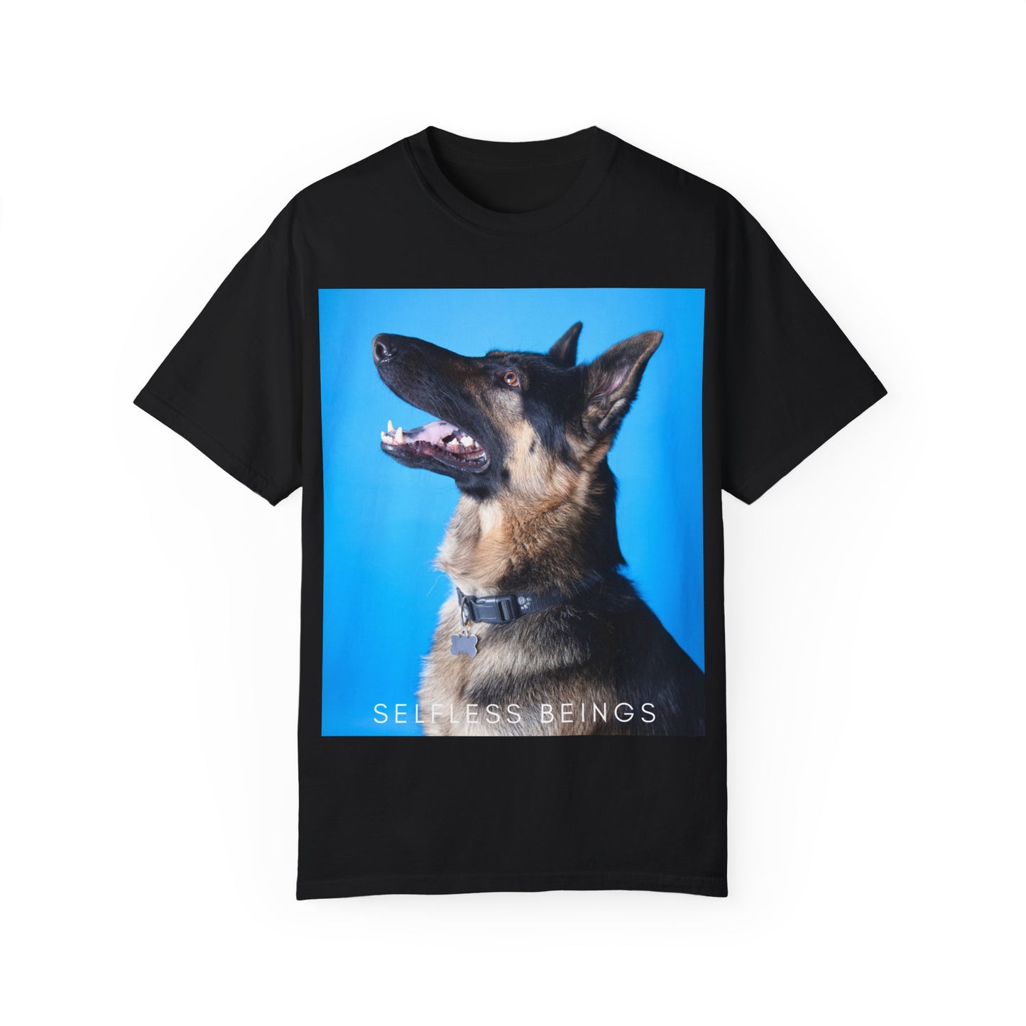 Unisex Dog Lover T-Shirt With Close Up Portrait of German Shepherd from Side Angle, Having Blue Background and Caption Selfless Beings
