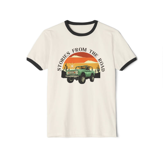 Vintage Stories from the Road Unisex Cotton Ringer T-Shirt, Retro Adventure Tee, Travel Lovers Gift, Road Trip Apparel, Casual