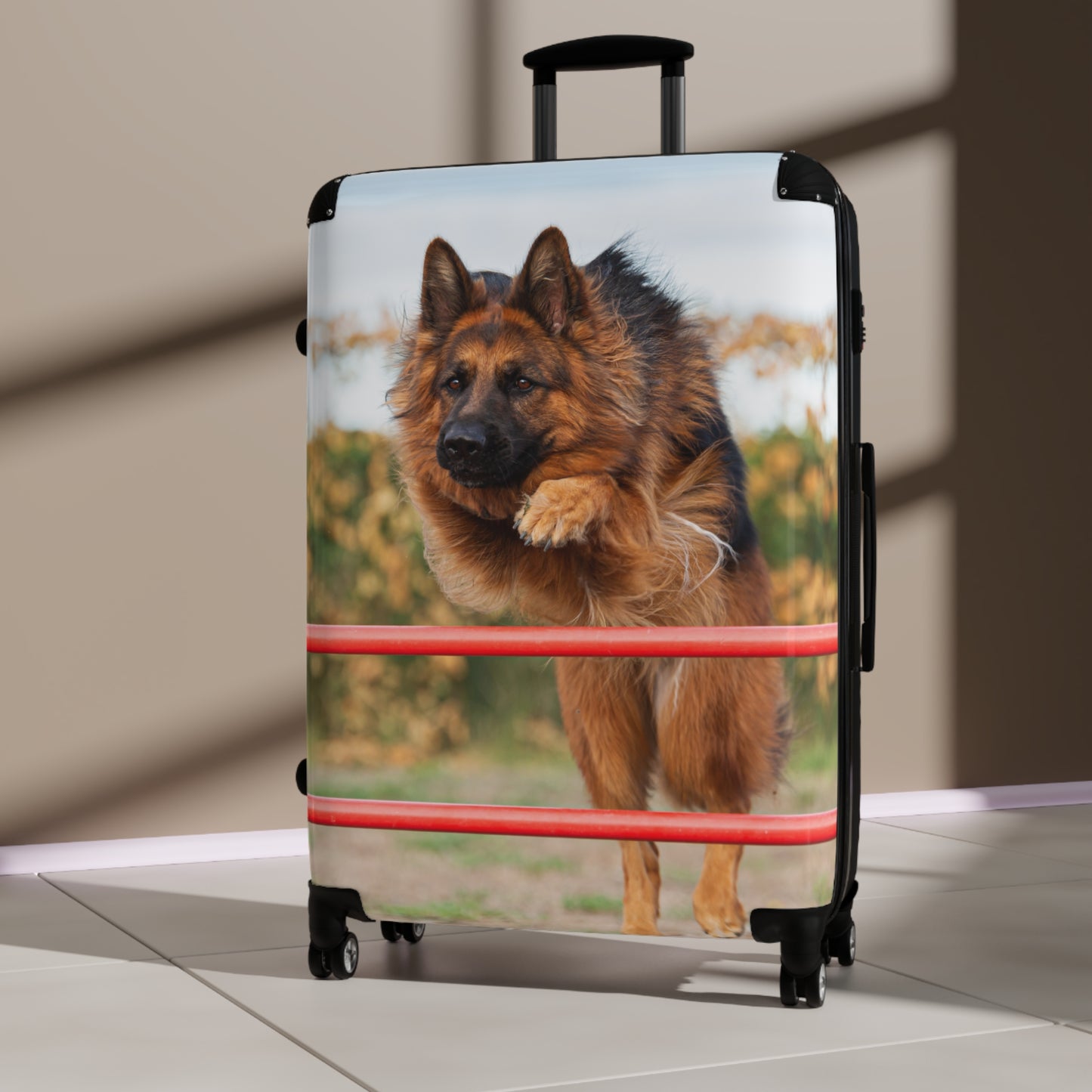 Dog Lover Suitcase Featuring a Long Coat German Shepherd Jumping An Agility Fence