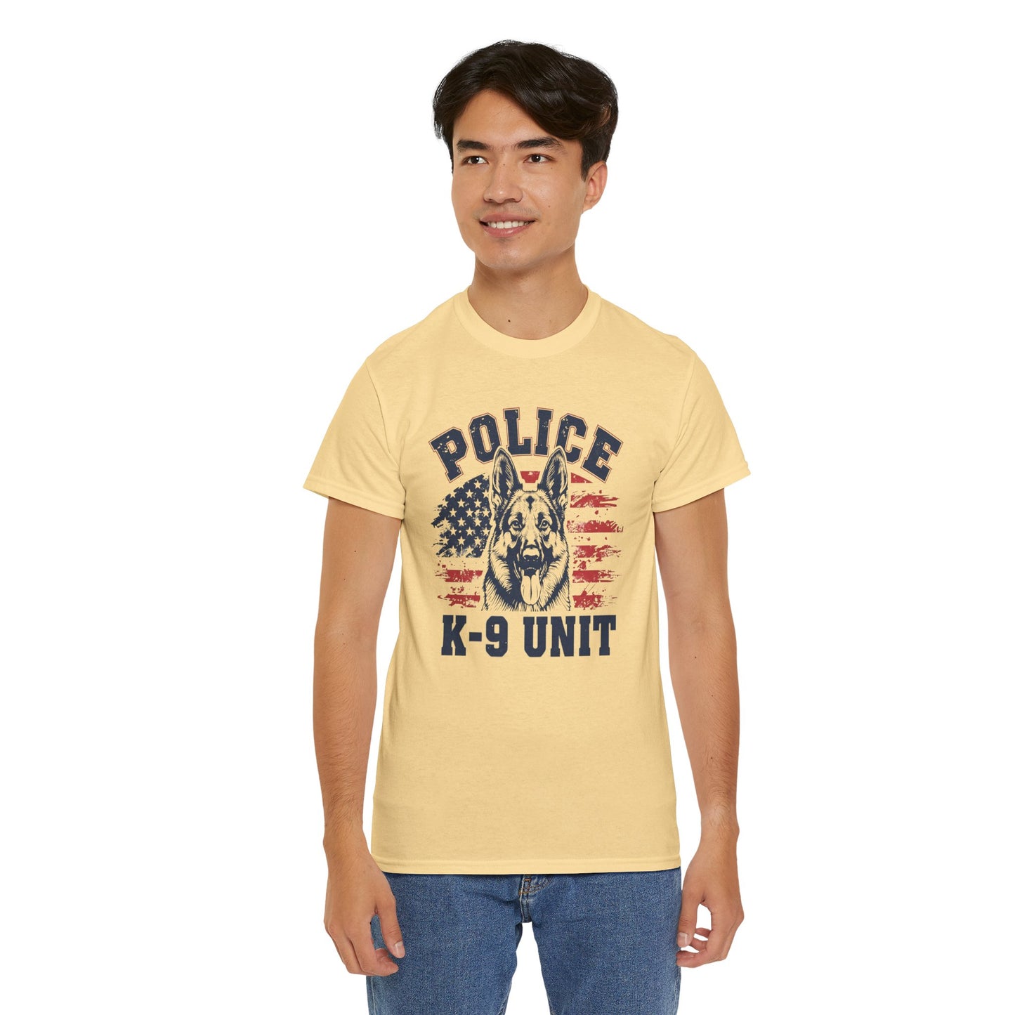 Patriotic Police K-9 Unit T-Shirt With American Flag in Background, Unisex Heavy Cotton Tee