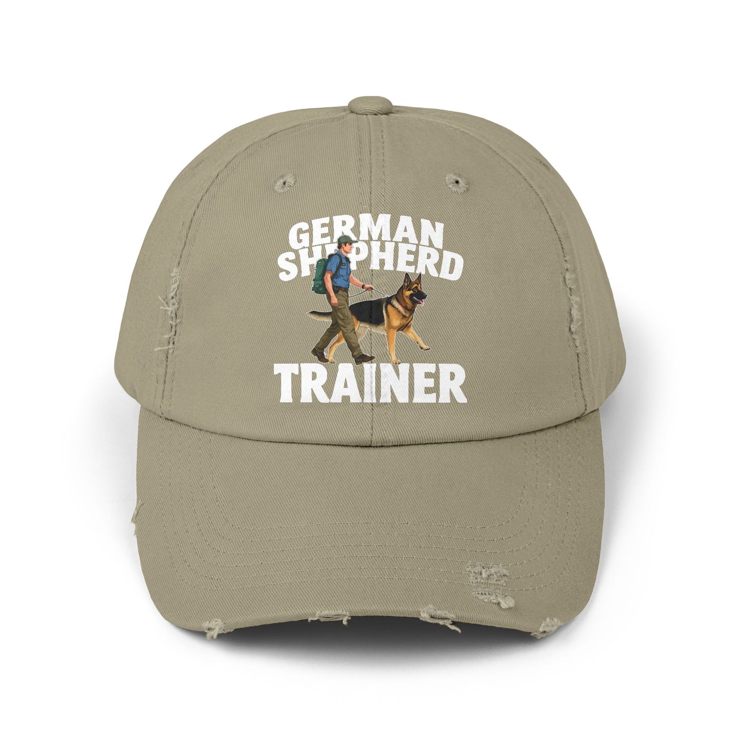 Unisex Distressed Cap Featuring a Trainer Leading German Shepherd, Dog Trainer Gift