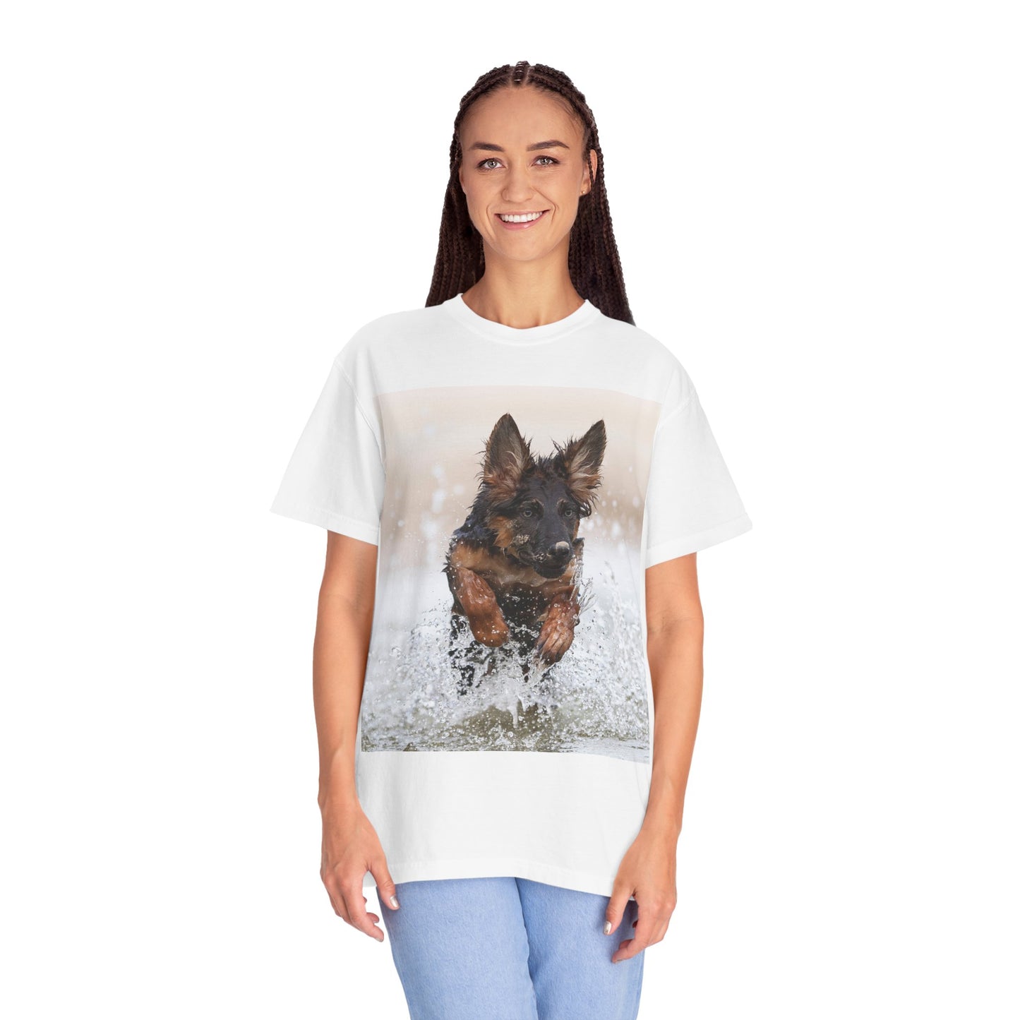 Unisex Dog Lover T-Shirt Featuring a German Shepherd Puppy Jumping In The Water