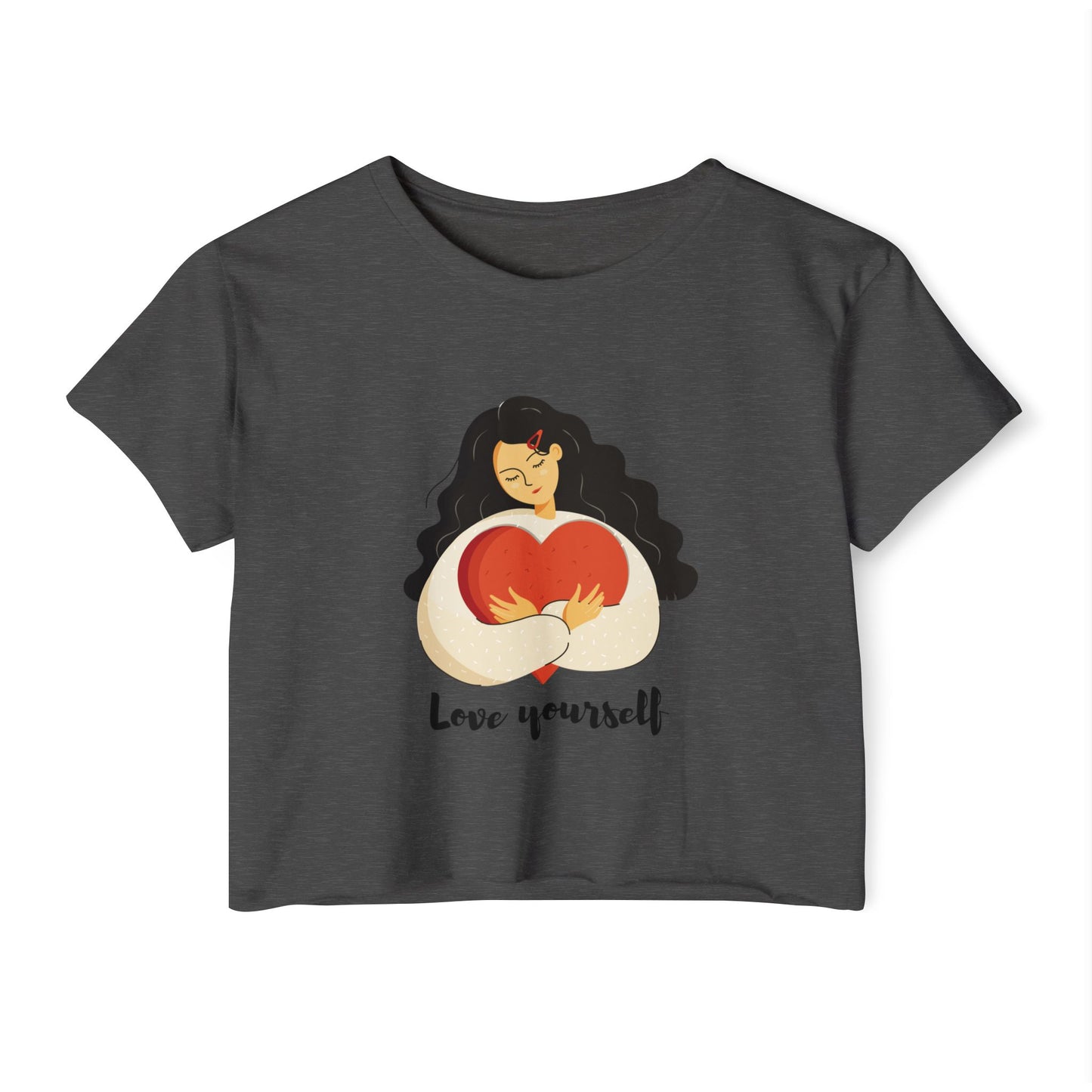 Love Yourself Festival Vibes Crop Top - Girl Holding a Big Heart, Summer Fashion, Boho Style, Women’s Casual Wear, Gift for Her