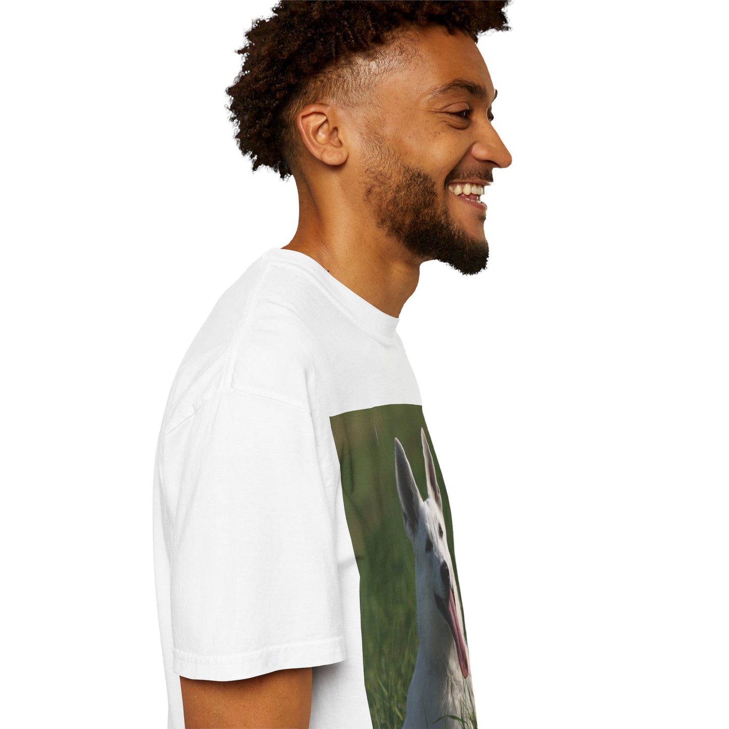 Unisex Dog Lover T-Shirt Featuring White German Shepherd Resting On Green Grass Leaving Tongue Out