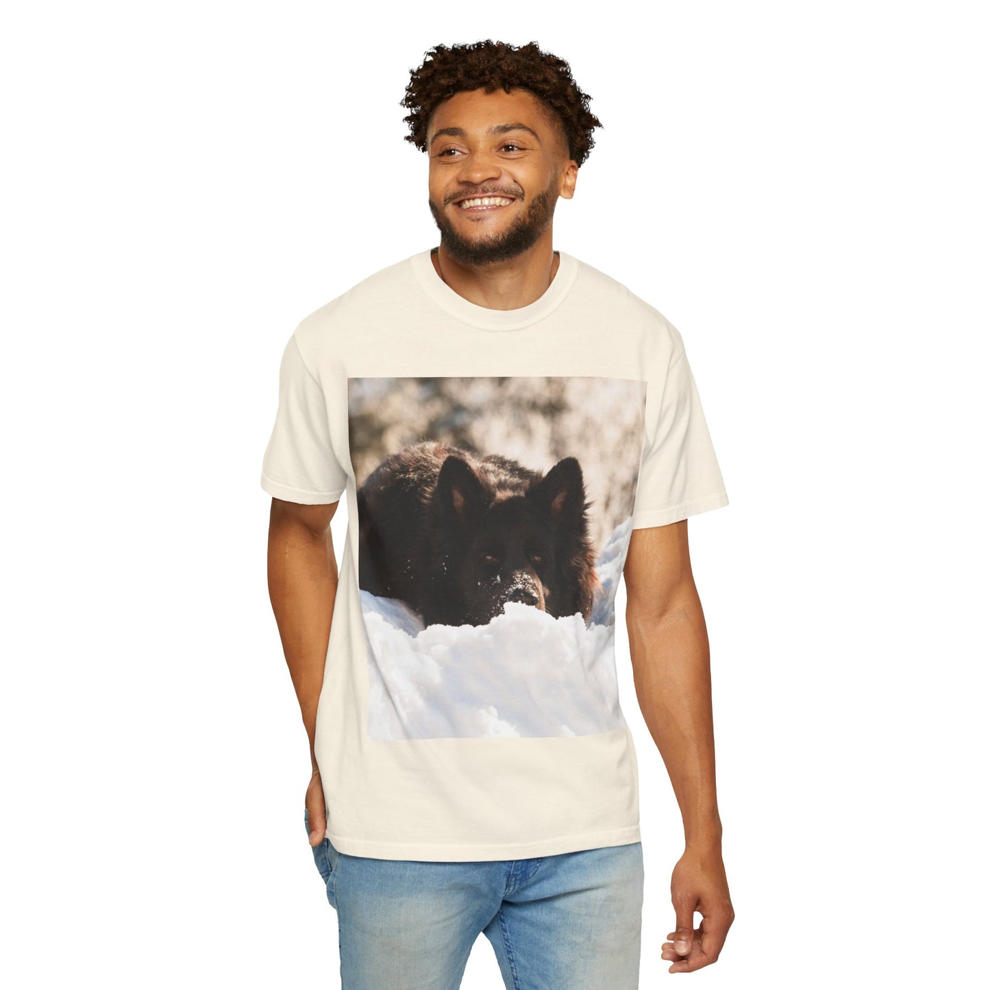 Unisex Dog Lover T-Shirt Featuring a Giant Black German Shepherd Resting on the Snow
