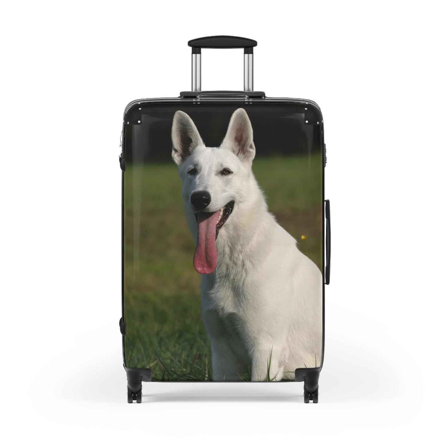 Dog Lover Suitcase Featuring a Giant White German Shepherd Sloppily Sitting on Grass Leaving Tongue Out
