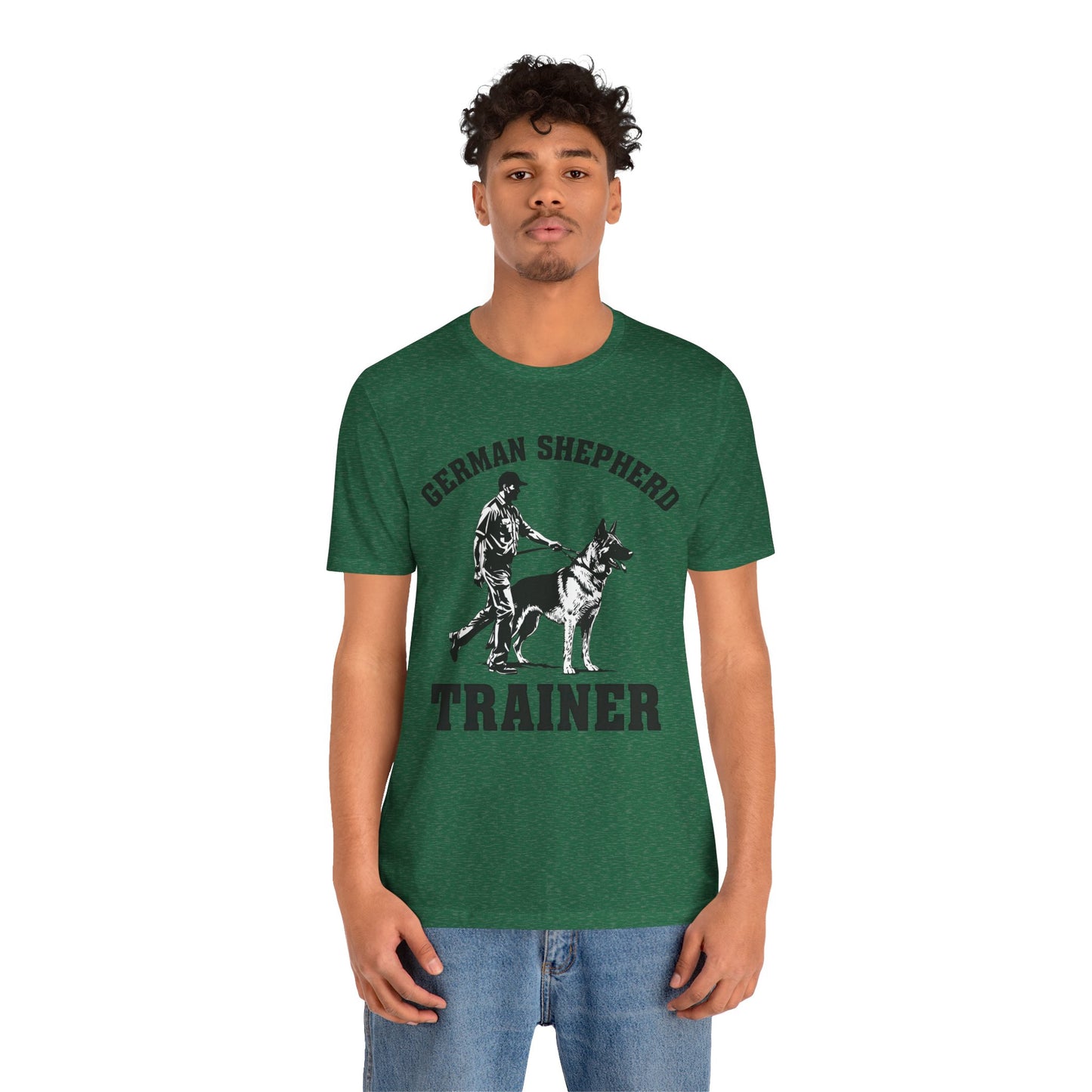 German Shepherd Trainer Tee - Black and White Design of Man Holding a German Shepherd