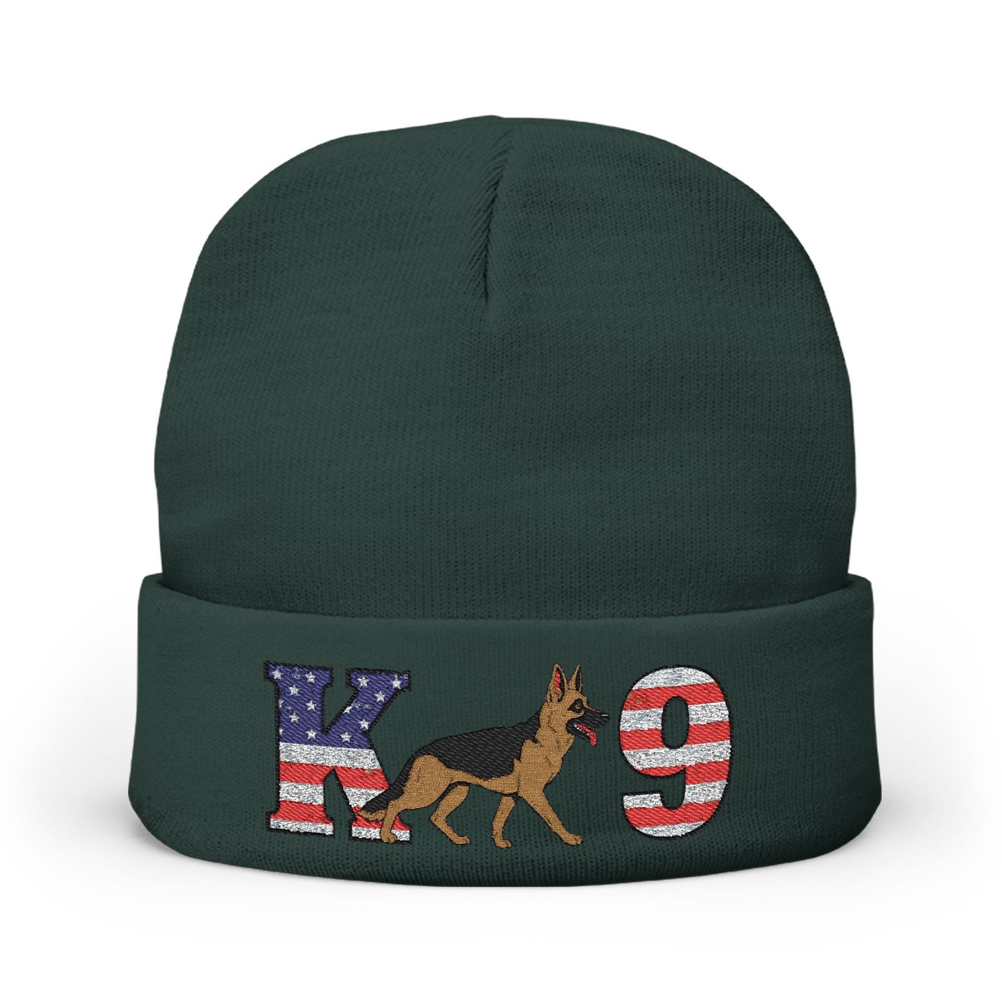 Embroidered K9 American Flag Beanie Featuring a German Shepherd | Patriotic Knit Hat, Memorial Day Cap