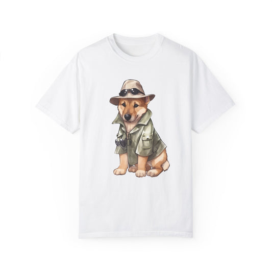 Unisex Dog Lover T-Shirt With a Graphic of German Shepherd Wearing Detector's Hat and Costume
