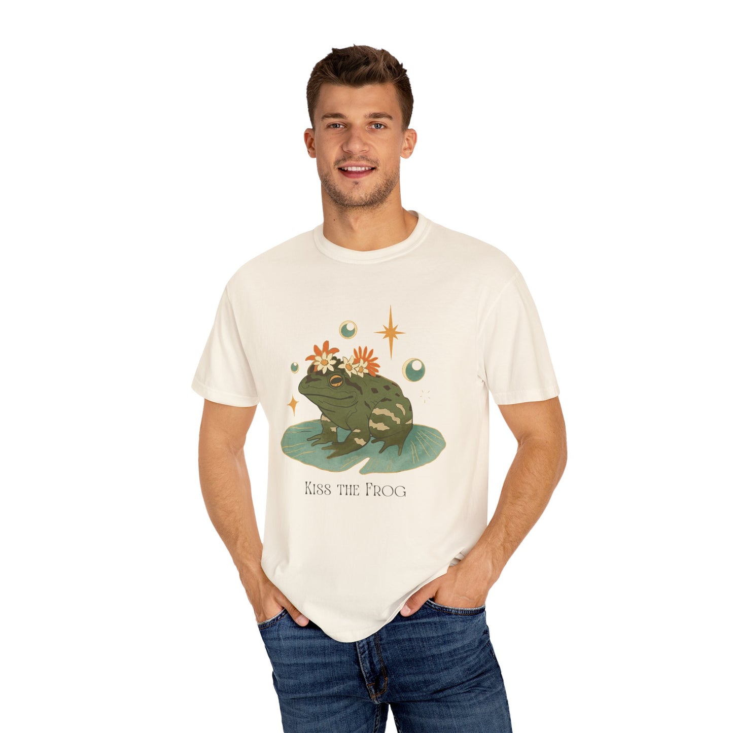 Kiss the Frog T-Shirt, Garment-Dyed Unisex Tee, Fun Gift for Nature Lovers, Cute Frog Graphic T-Shirt, Ideal for Casual Outings