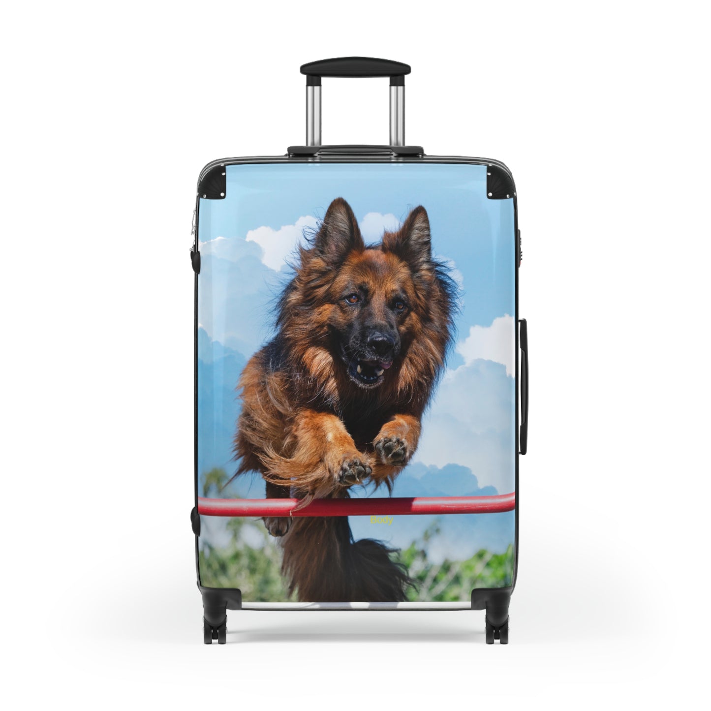 Dog Lover's Travel Suitcase Featuring a German Shepherd in the Air While Jumping An Agility Fence
