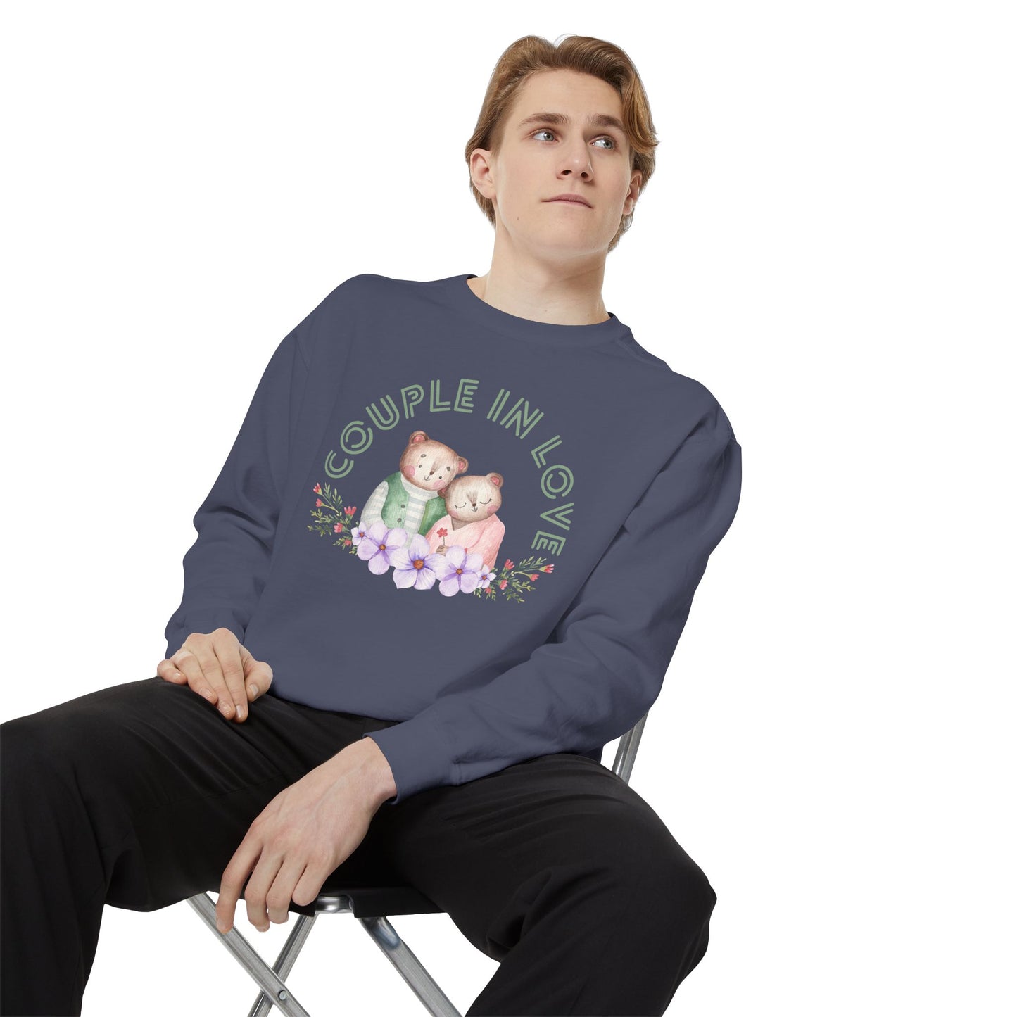 Unisex Valentine's Day Sweatshirt With Two Teddy Bears On Flowers and Caption Couple In Love
