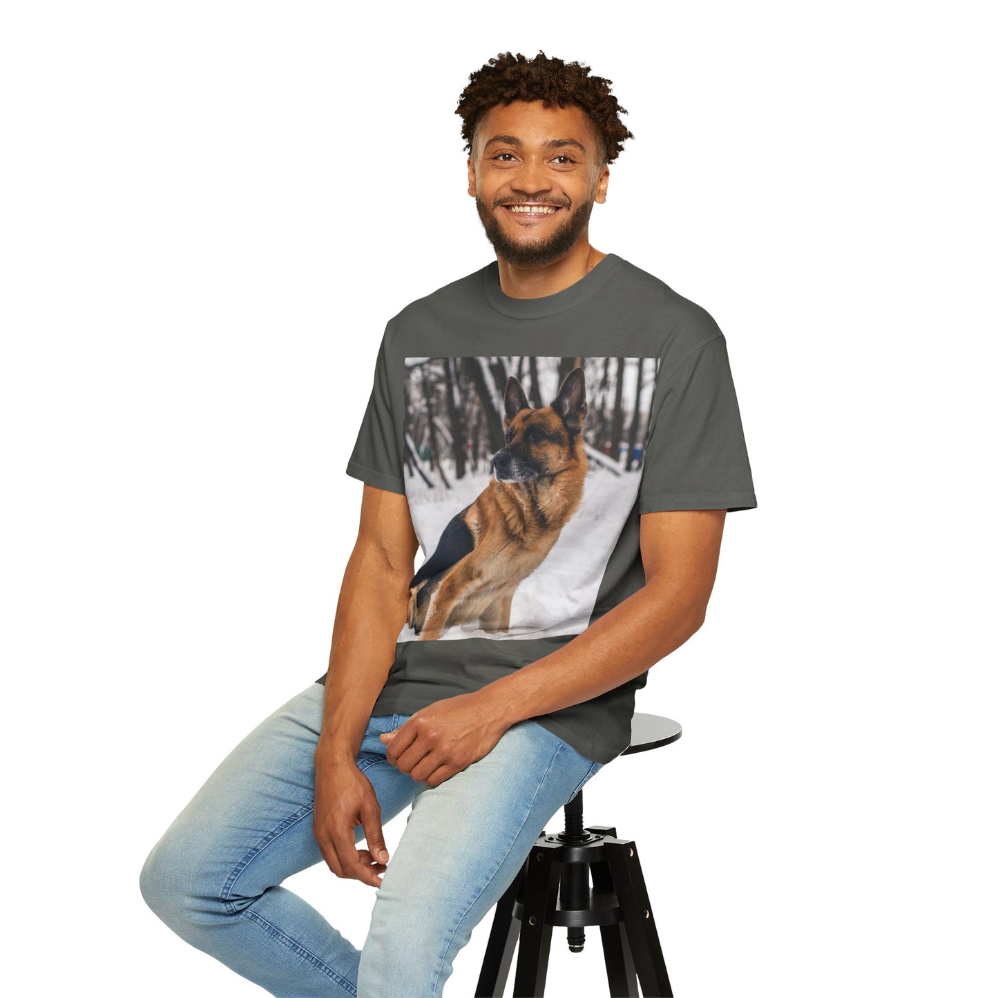 Unisex Dog Lovers T-Shirt Featuring a Beautiful German Shepherd Sloppily Sitting on the Snow