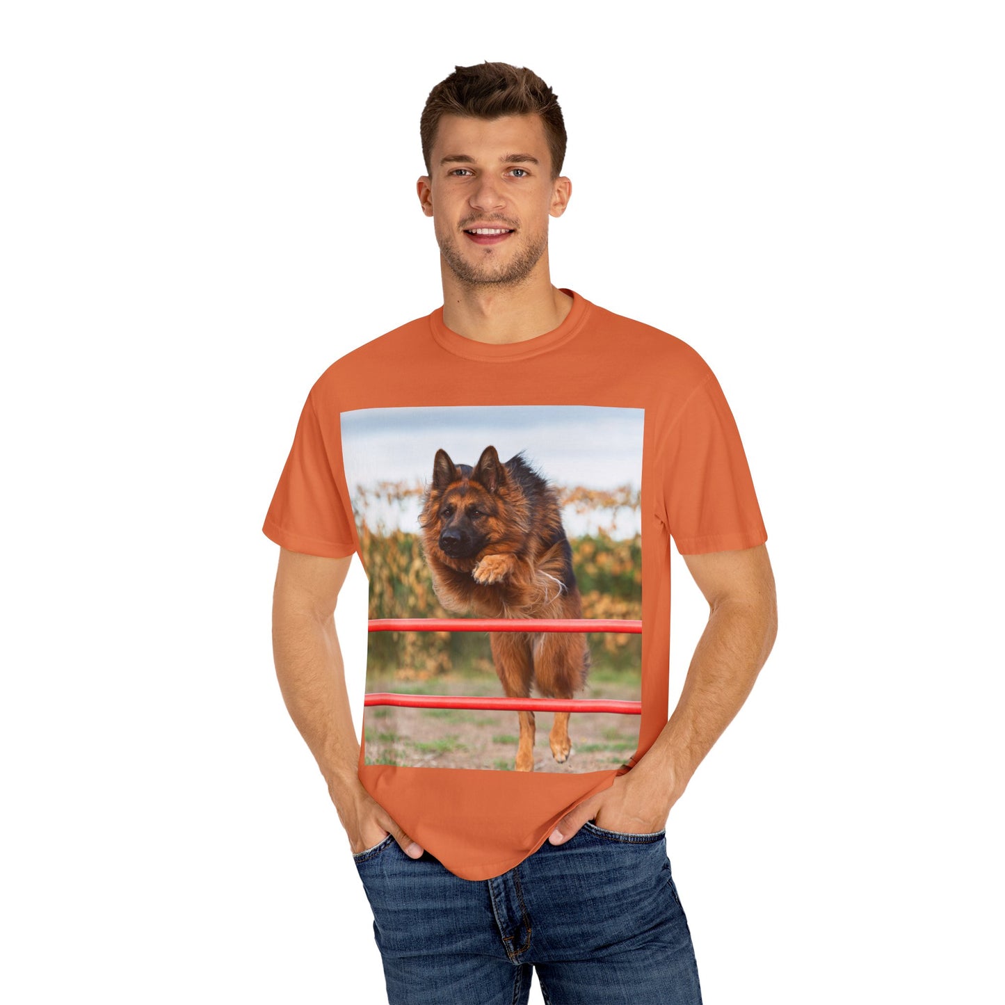 Dog Lover Unisex T-Shirt  Featuring Photograph of Showline German Shepherd Jumping Agility Fence