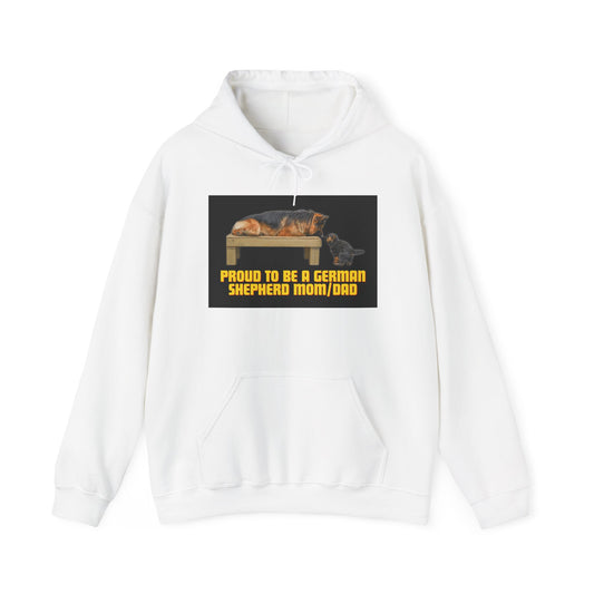 Unisex Dog Lover Hoodie With German Shepherd Lying On The Wooden Bed Looking at Puppy and Caption Proud Mom/Dad