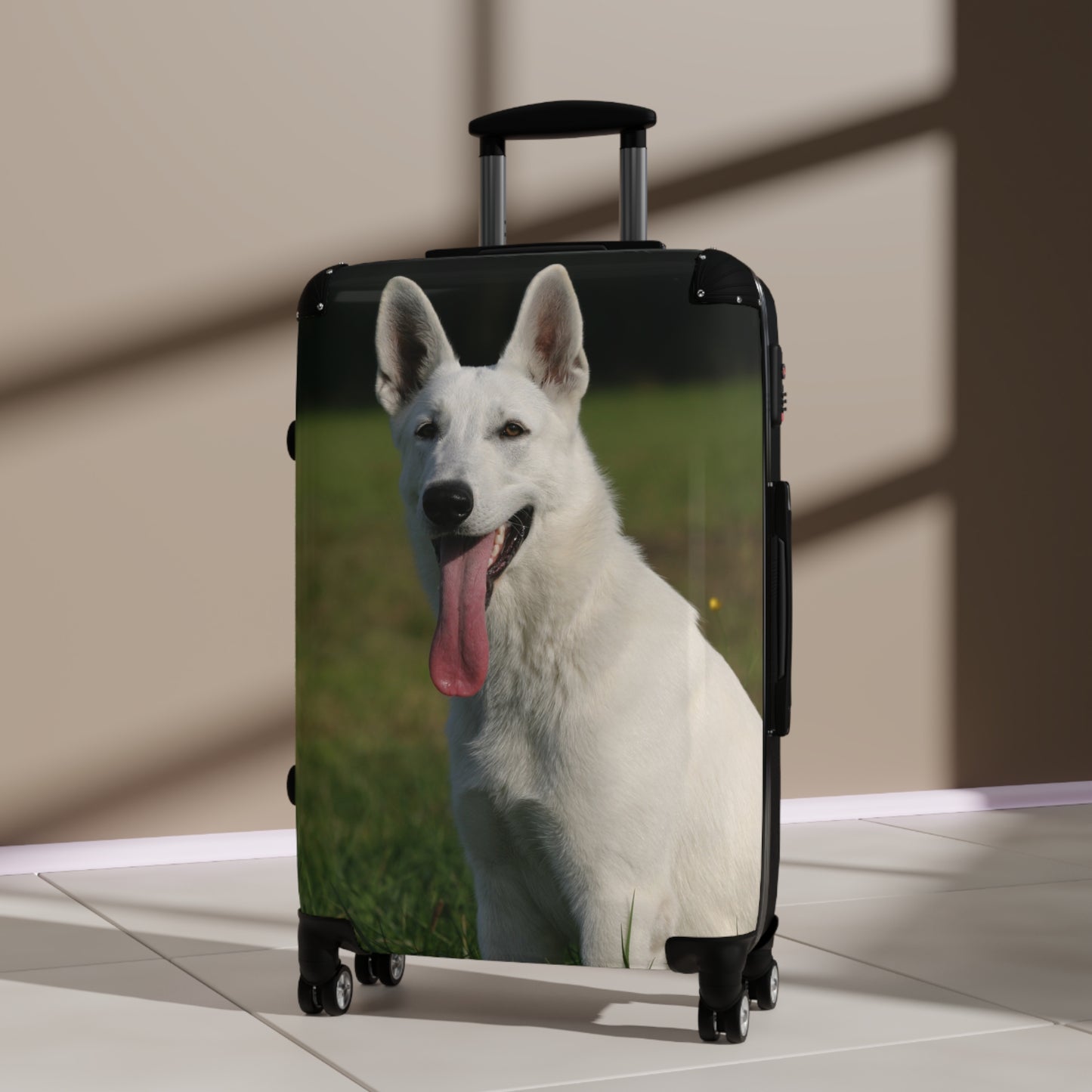 Dog Lover Suitcase Featuring a Giant White German Shepherd Sloppily Sitting on Grass Leaving Tongue Out