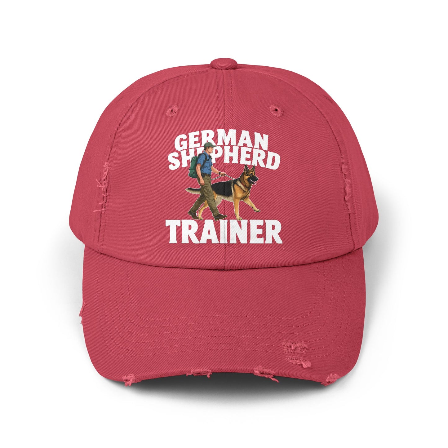 Unisex Distressed Cap Featuring a Trainer Leading German Shepherd, Dog Trainer Gift
