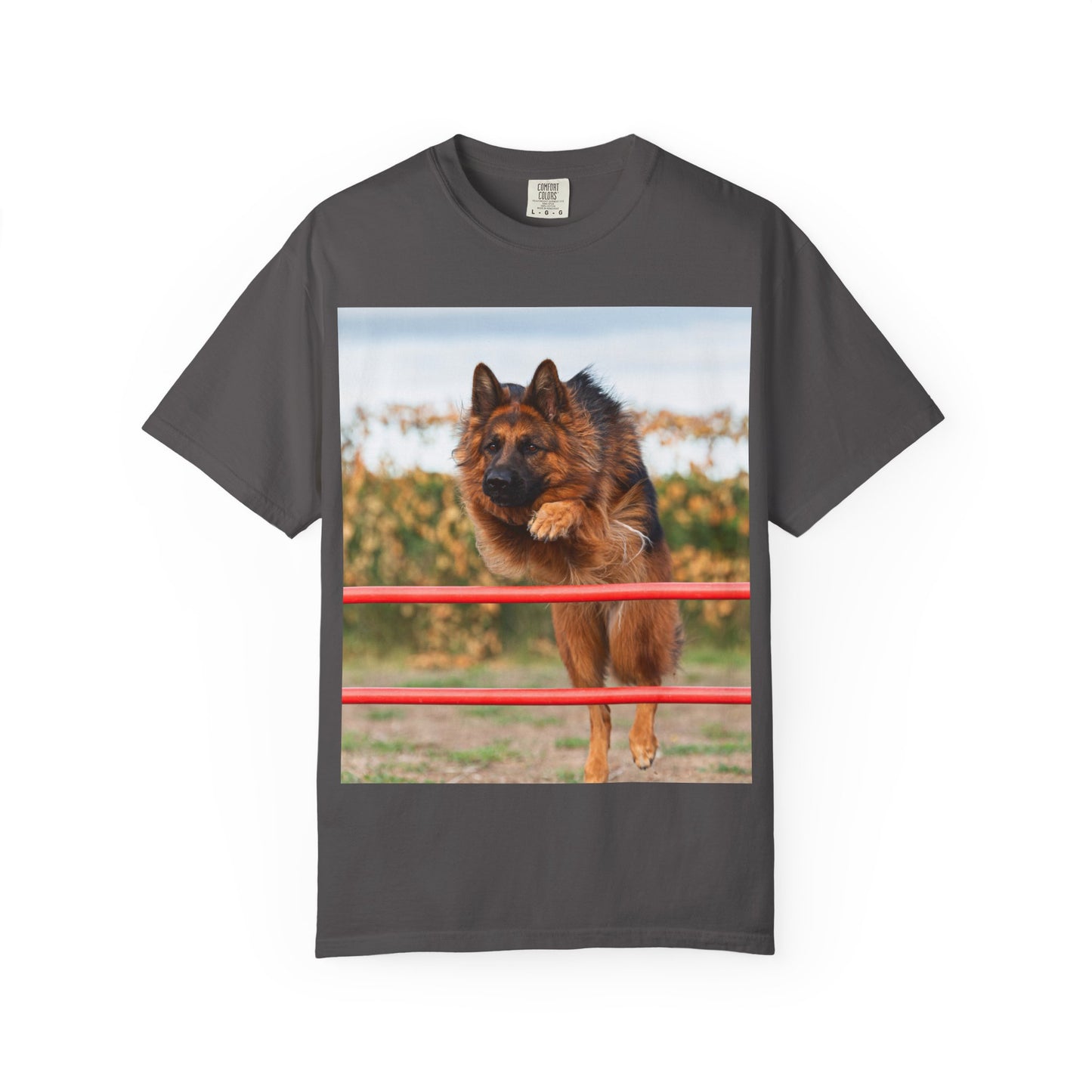 Dog Lover Unisex T-Shirt  Featuring Photograph of Showline German Shepherd Jumping Agility Fence