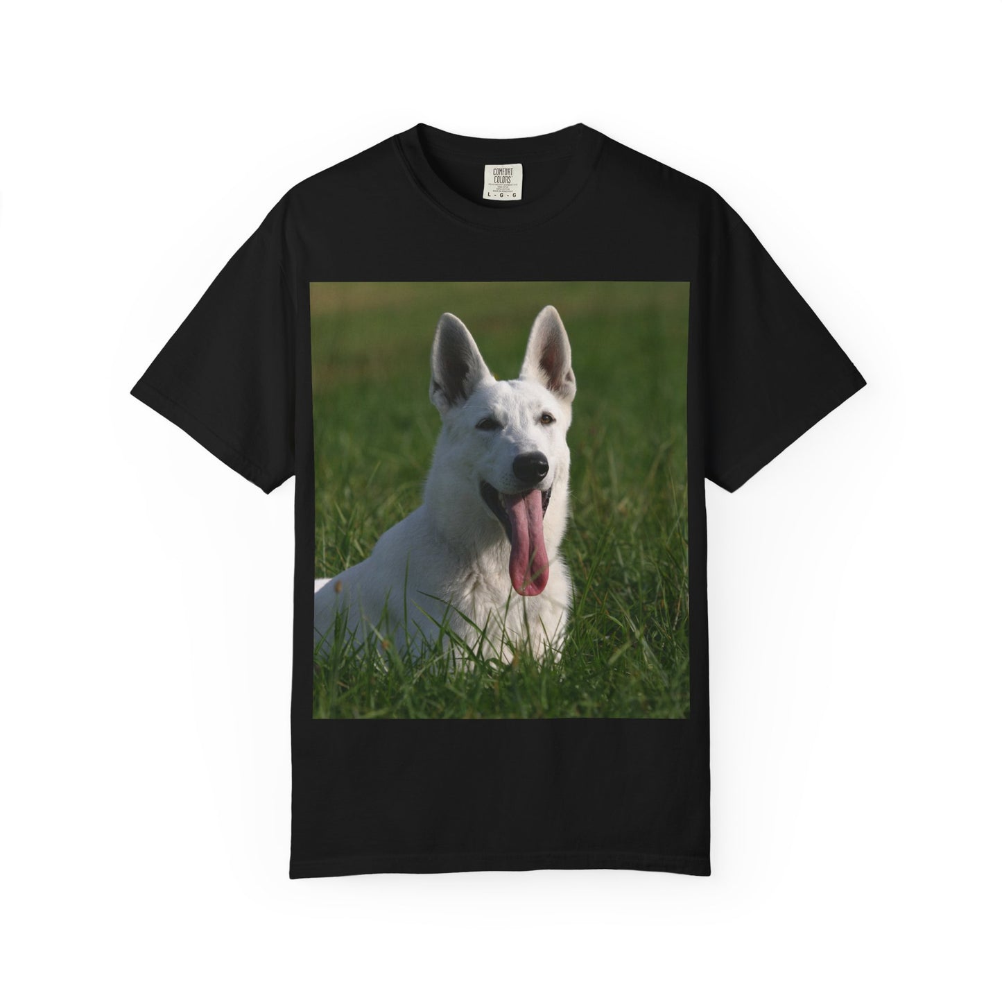 Unisex Dog Lover T-Shirt Featuring White German Shepherd Resting On Green Grass Leaving Tongue Out