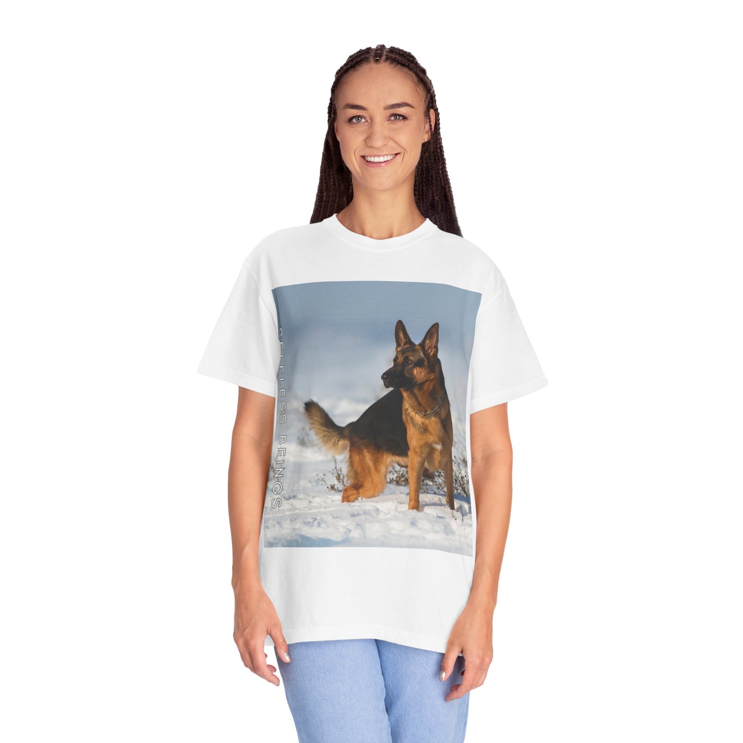 Unisex Dog Lover T-Shirt With a Beautiful German Shepherd Looking at Side Standing on the Snow and Caption Selfless Beings