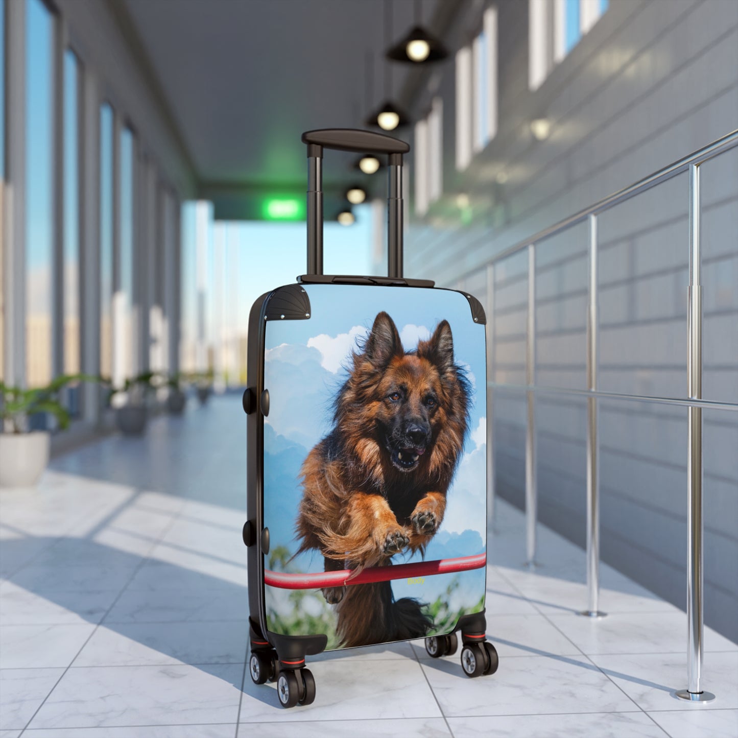 Dog Lover's Travel Suitcase Featuring a German Shepherd in the Air While Jumping An Agility Fence