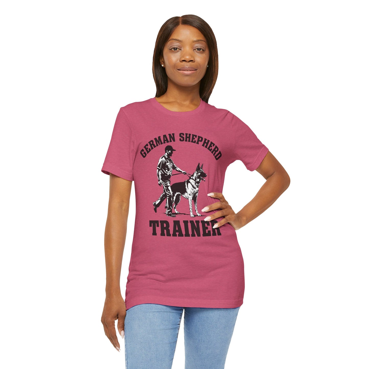German Shepherd Trainer Tee - Black and White Design of Man Holding a German Shepherd