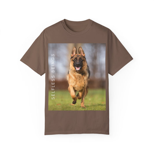 Unisex Dog Lover T-Shirt With Large German Shepherd Running on the Grass and Caption Selfless Beings