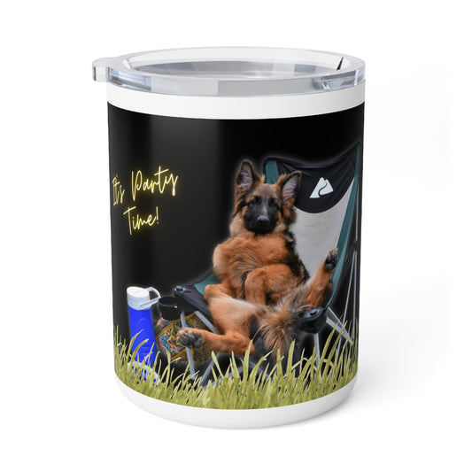 Insulated Stainless Steel Coffee Mug With a German Shepherd Enjoying Picnic On Outdoor Portable Camping Chair