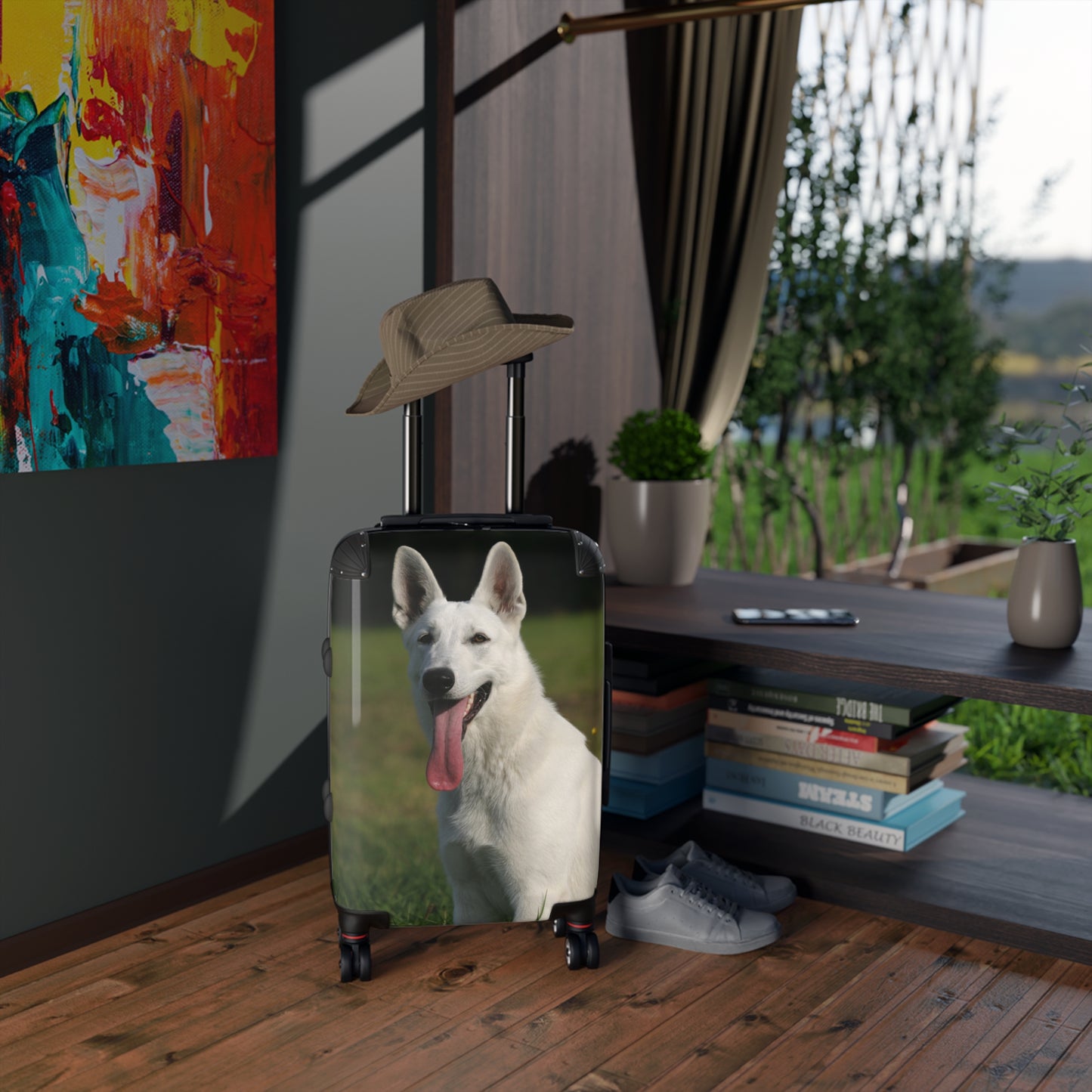Dog Lover Suitcase Featuring a Giant White German Shepherd Sloppily Sitting on Grass Leaving Tongue Out